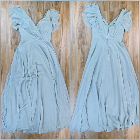 🍑David's Bridal Dusty Sage Green Flutter Sleeve Gown Size 6 - Picture 3 of 13